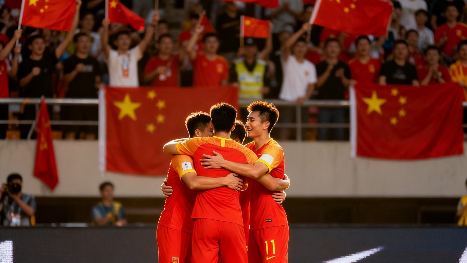中国队客场2-1逆转取胜，武磊打入关键进球后与队友拥抱庆祝，球迷在看台上挥舞国旗